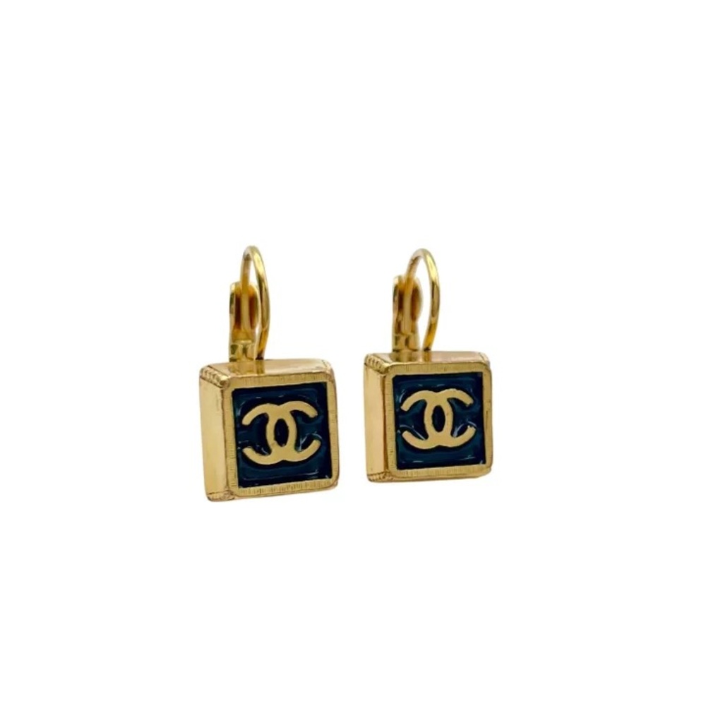 Authentic CHANEL square black gold drop earrings